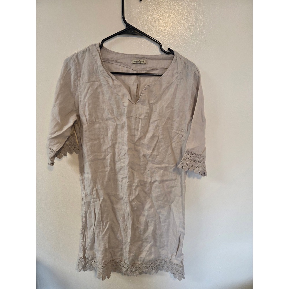 Alessia Pacini Linen Tunic Top Beige Crochet Lace Trim V-Neck Made in Italy M